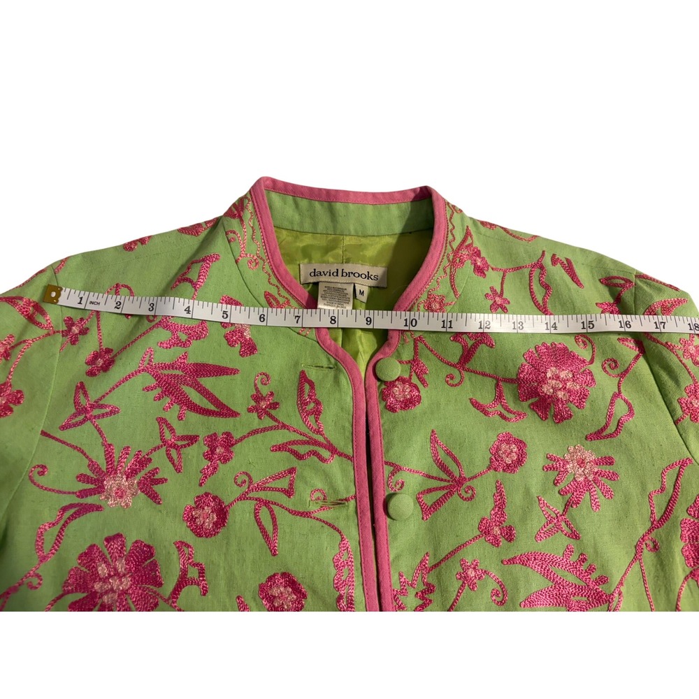 David Brooks Womens Linen Floral Embroidered Blazer Jacket Green Pink Size M - Picture 8 of 9